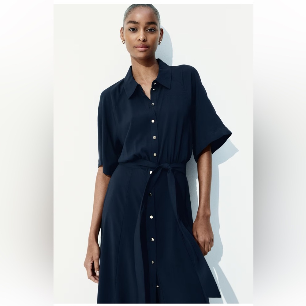 H&M Navy Button-Front Tie-Waist Dress